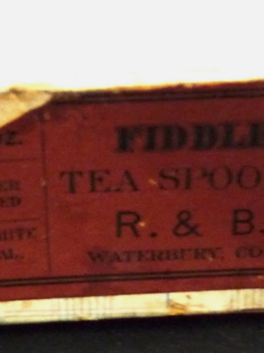 R & B antique primitive advertising box 17 pressed tin tea ice cream spoons